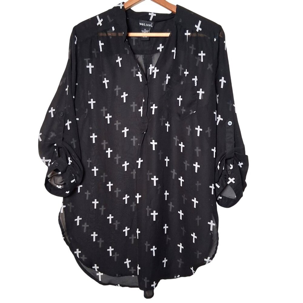 Wet Seal Holy Cross Blouse XL Black Sheer Roll Tab Sleeve Emo Goth Religious